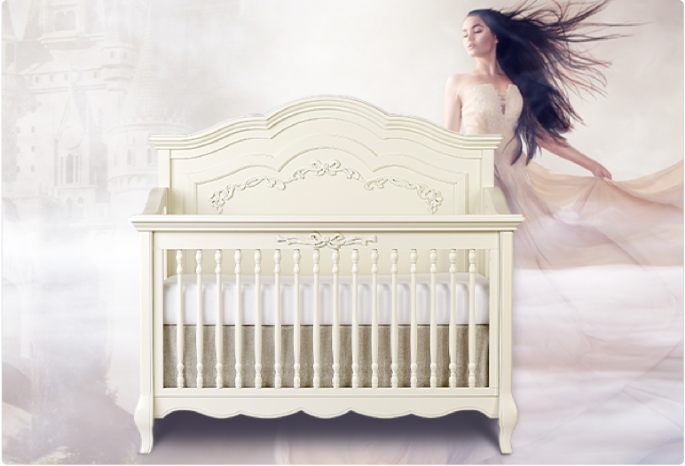 Image of angelic woman figure floating behind the evolur Aurora crib.
